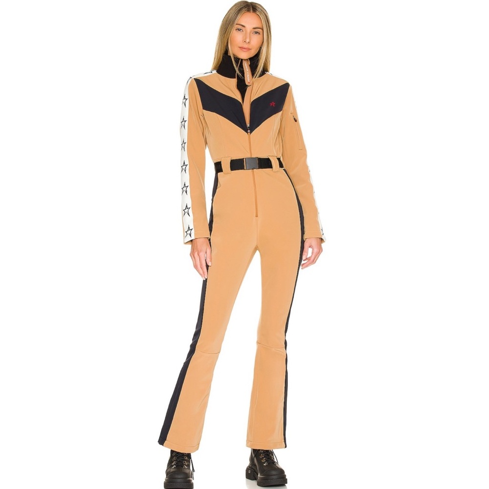 Brand new Perfect Moment tan Ryder ski suit with star sleeves in brown sugar